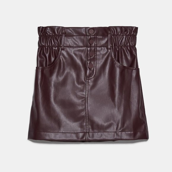 NEW Zara High Waist Paperbag Button Front Faux Leather Mini Skirt Burgundy Plum - Picture 9 of 9